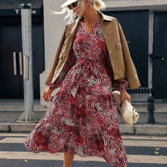 Animal Print Striped Layered Hem Belted Dress - Picture 2 of 7